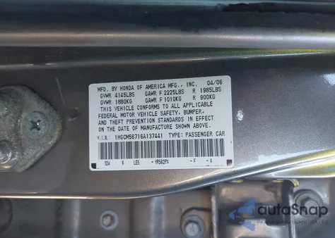 2006 Honda Accord 2.4 Ex из США, поврежденный, VIN 1HGCM56716A137441